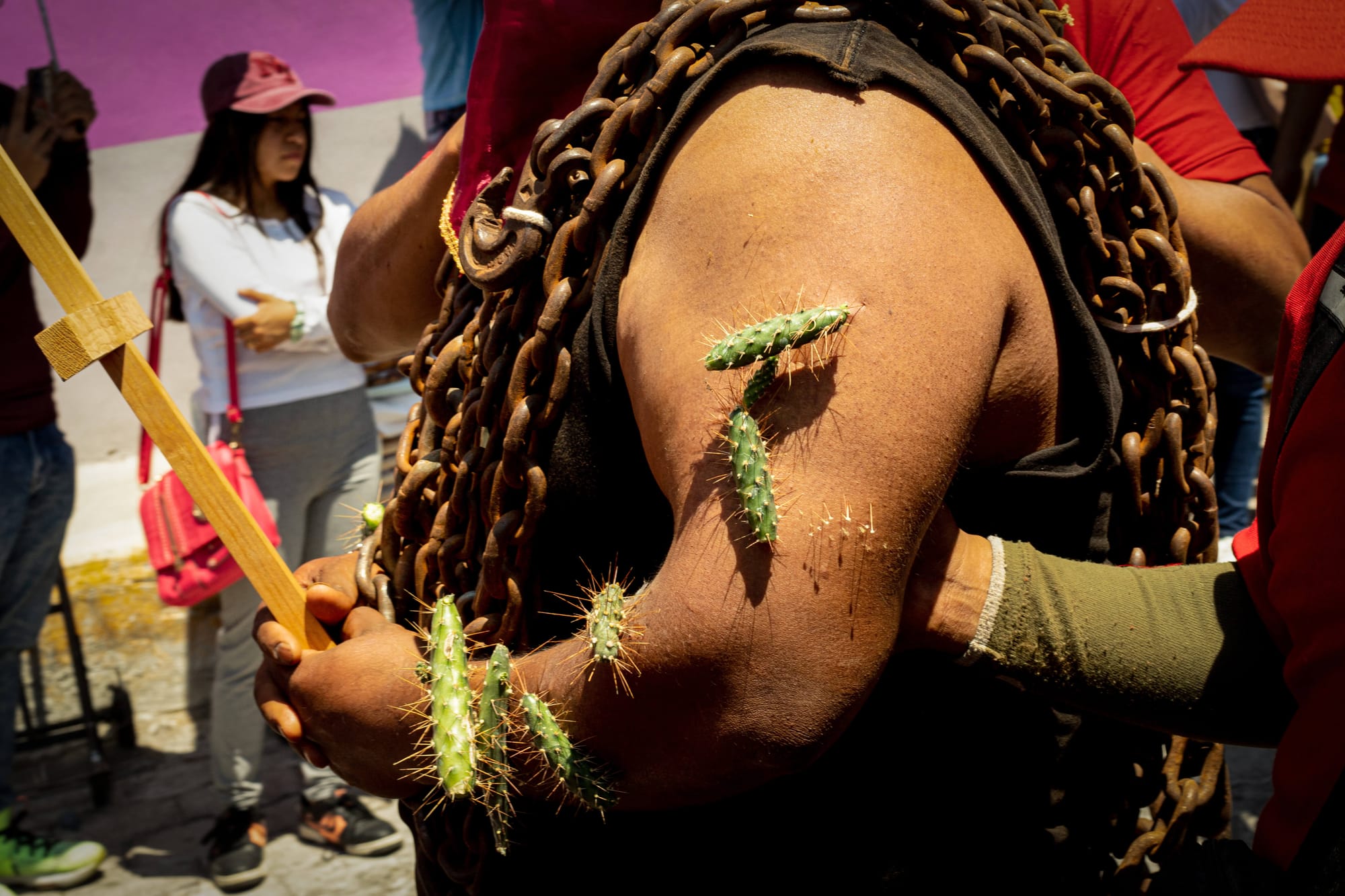 Los Engrillados of Atlixco: Mexican men in shackles with cacti stuck in their skin walk in pain to wash away their sins